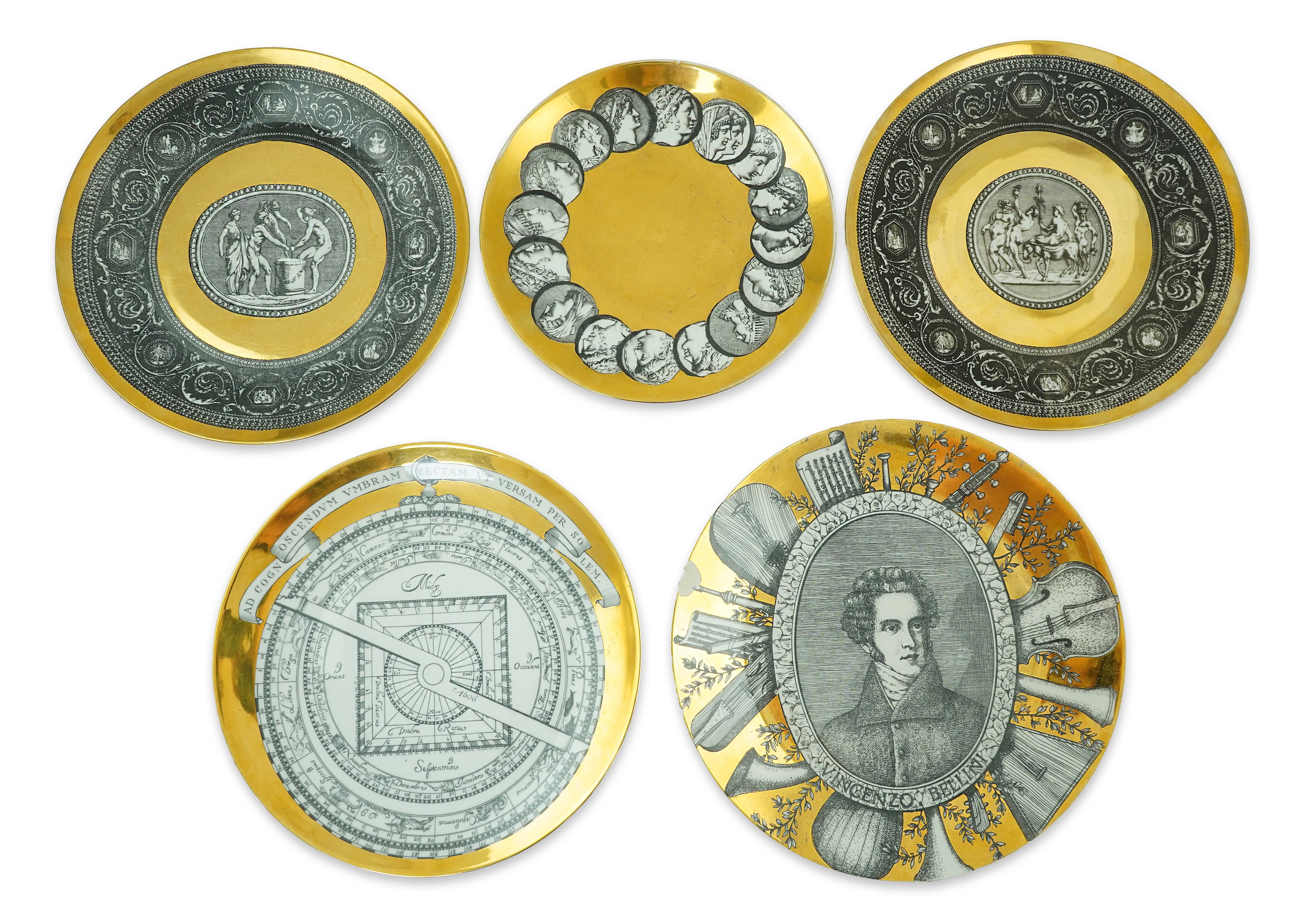 Piero Fornasetti (Italian, 1913-1988): Five various plates